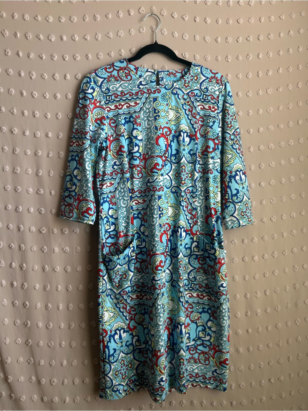 J. McLaughlin 3/4 Sleeve Paisley Resort Shift Midi Dress Sz L Teal Red